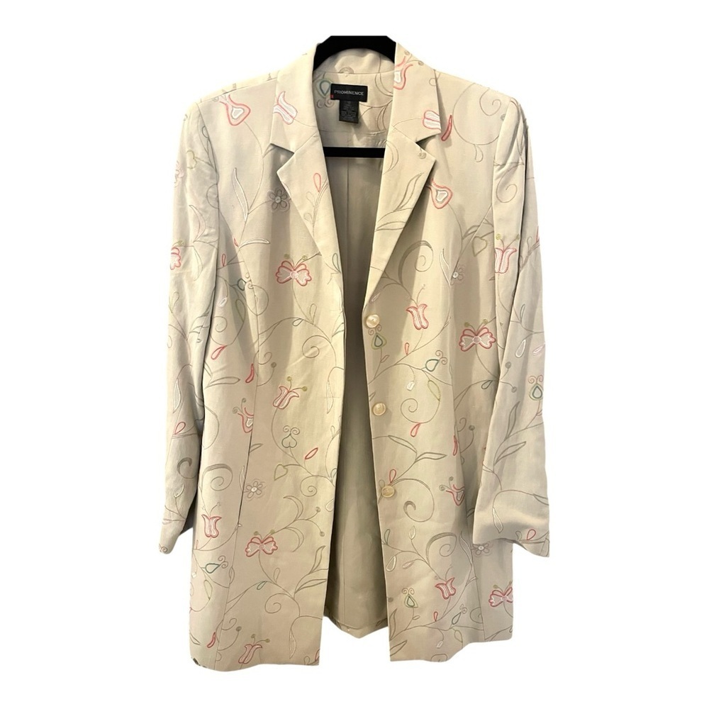 Vintage Embroidered Beige Women's Duster Jacket, Cream w/Pink & Green Accents.